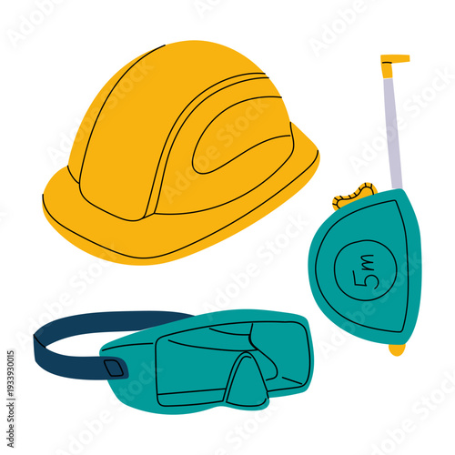 Set of safety construction equipment with hard hat, goggles and measuring tape. Flat contour illustration for industrial safety posters, engineering banners, tool shop icons or work manuals