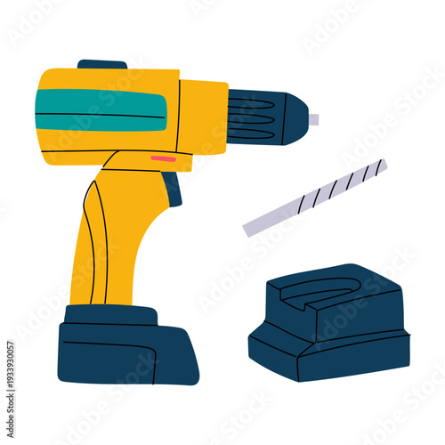 Electric cordless drill with bit and battery on white background. Flat contour illustration for repair service posters, construction maintenance banners, tool shop icons or DIY work manuals