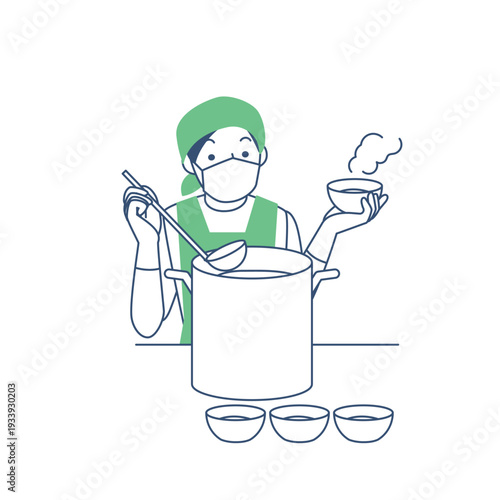 大きな鍋から料理をよそう男性