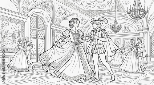 Coloring page for children - Renaissance lady teaches her beloved to dance in a palace hall, joyful atmosphere, historical setting