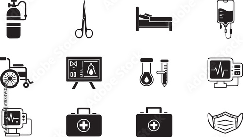 Medical Surgery and Patient Hospital Care Icon Set with Oxygen Tank Wheelchair Surgical Scissors Heart Monitor and Laboratory Sample Symbols