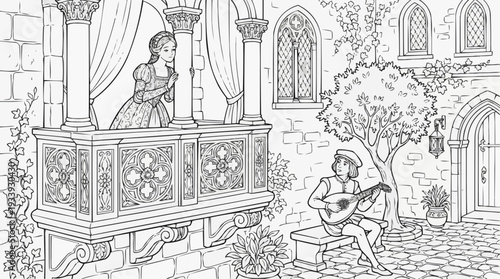 Coloring page for children - Noble lady of the Renaissance secretly watching a musician with a lute from a balcony