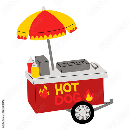 Street food cart with hot dogs and umbrella isolated on white background. Flat illustration for fast food business posters, outdoor festival banners, kiosk icons or cafe menu decoration