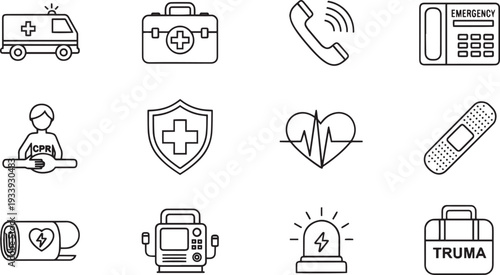 Emergency Medical Service and First Aid Line Icon Set with Ambulance First Aid Kit CPR Heart Rate and Trauma Care Symbols