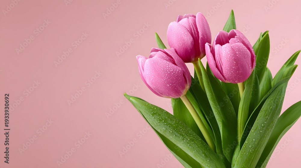 Obraz premium Fresh pink tulips stand against a plain background ready for Womens Day