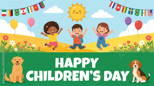 Children Jumping with Joy and Dogs.