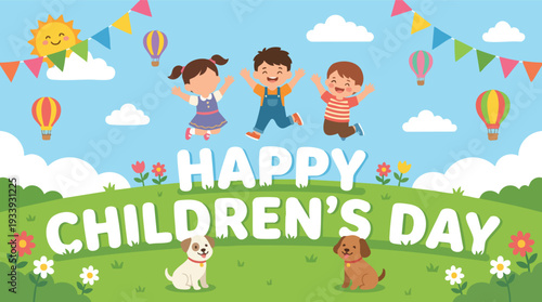 Happy Childrens Day Celebration with Kids and Pets.