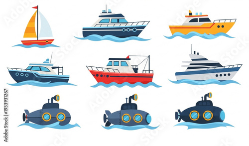 Flat Cartoon Boats and Submarines Floating on Water Vector Set