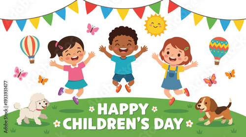 Happy Children Playing with Dogs and Butterflies.