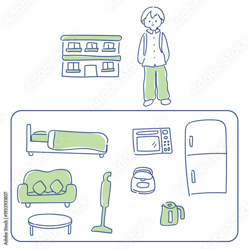 一人暮らしの必需品｜一人暮らしの男性と家具・家電のイラストセット