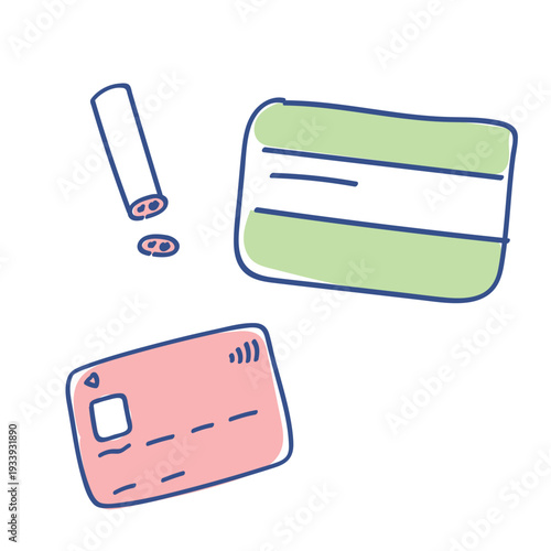 クレジットカード・預金通帳・印鑑のゆるかわいいイラストセット