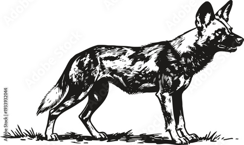 Black and white illustration of a standing german shepherd dog in profile on grass