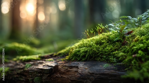 A tranquil forest floor adorned with vibrant green moss, illuminated by soft sunlight, reflecting nature's beauty and inviting serenity and peacefulness within a woodland setting.