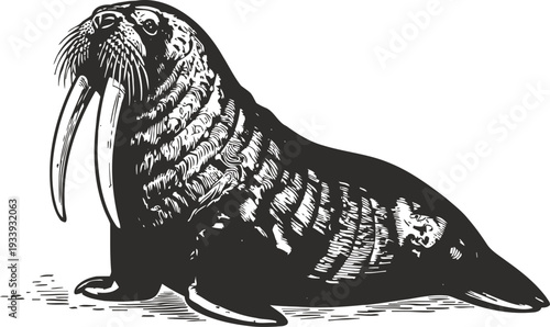 walrus illustration with long tusks and whiskers arctic marine mammal resting on ice vintage engraving drawing