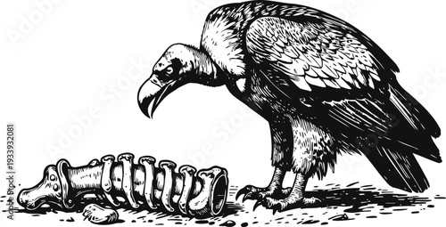 Vulture perched on ground next to animal vertebrae bones illustration bird scavenger nature death decay concept