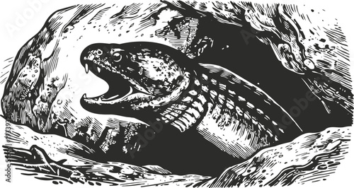 moray eel in rocky underwater cave detailed black and white engraving illustration