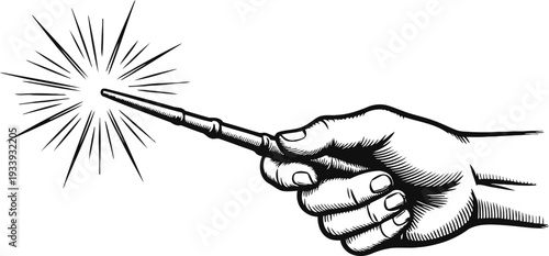 Hand holding magic wand with sparkles and glowing magical light burst illustration