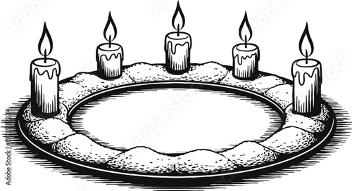 advent wreath with five lit candles, traditional christmas decoration, holiday circle with wax flames