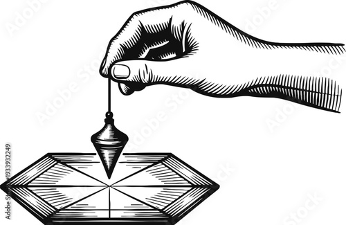 Hand holding a pendulum over a geometric chart for divination and decision making