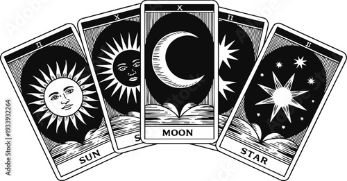 Black and white tarot cards spread featuring sun, moon, and star symbols with celestial designs