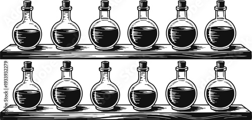 Two wooden shelves holding glass bottles filled with dark liquid and sealed with cork stoppers