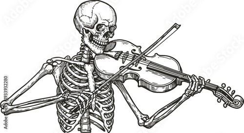 Skeleton playing violin with bow detailed anatomy drawing line art illustration