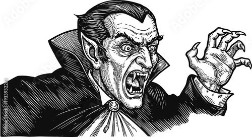 classic vampire character illustration showing a menacing fangs and claw gesture in black and white