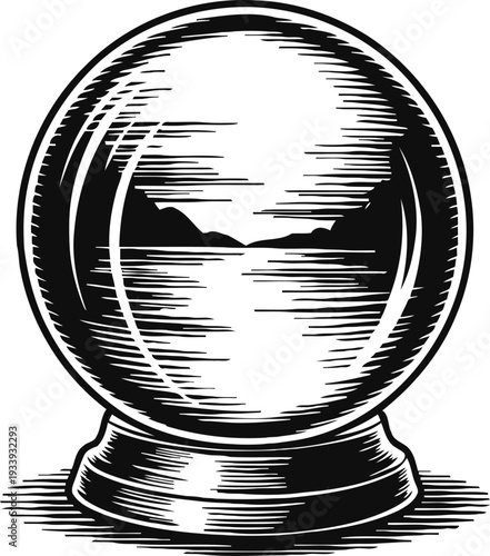 vintage crystal ball with mountain and lake reflection in detailed black and white engraving
