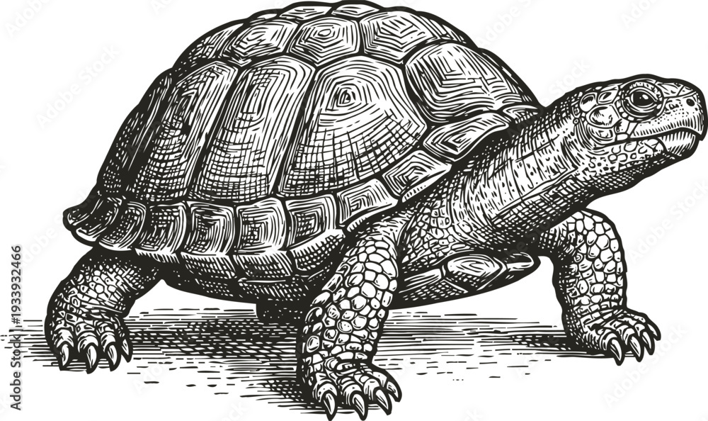 Fototapeta premium Detailed black and white engraving of a tortoise walking on ground with textured shell and scaly skin