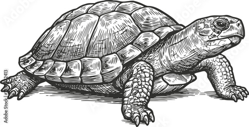 Detailed black and white engraving of a land tortoise with textured shell and scaly legs in natural pose