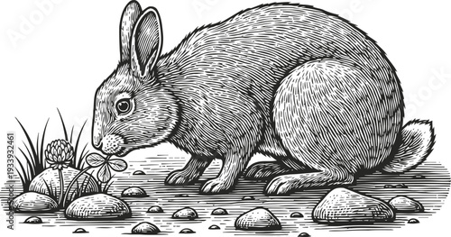 Detailed black and white engraving of wild rabbit eating clover among rocks and grass