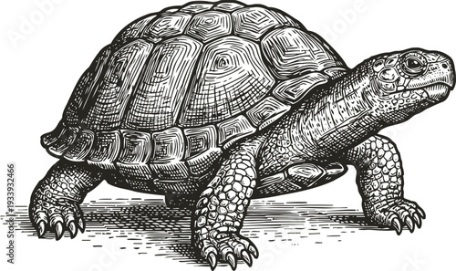 Detailed black and white engraving of a tortoise walking on ground with textured shell and scaly skin