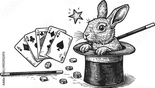 Magic rabbit illustration with playing cards, wand, and coins in vintage sketch