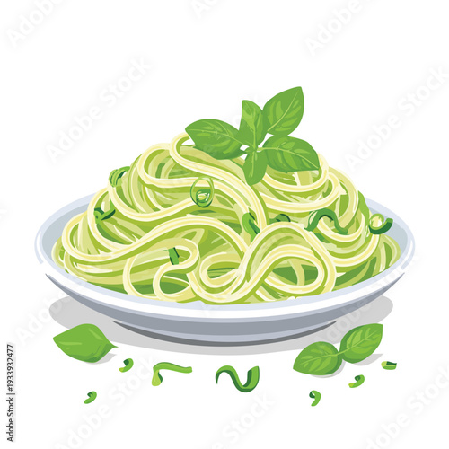 Plate of green pasta with fresh basil illustration