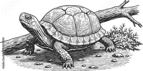 Detailed black and white illustration of a tortoise walking on rocky ground with a branch and plant background