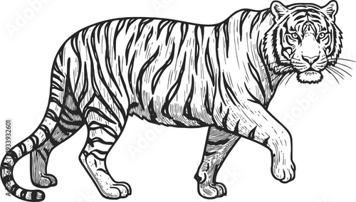 hand drawn tiger walking wildlife illustration with detailed stripes and confident posture