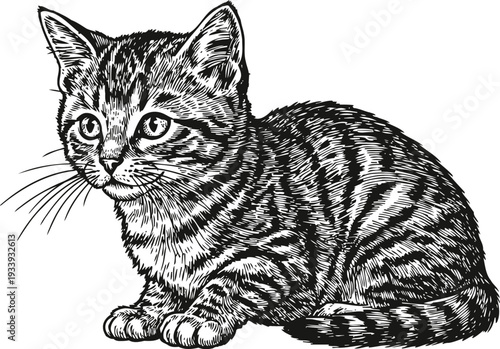 Black and white sketch of a sitting tabby kitten with striped fur and attentive eyes