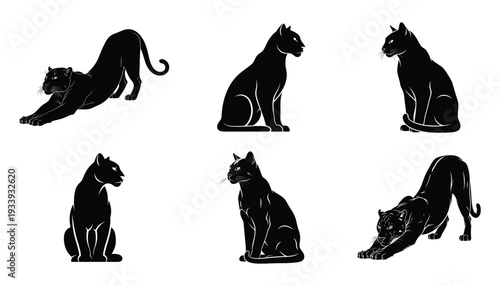 Set of black panther silhouettes in various poses