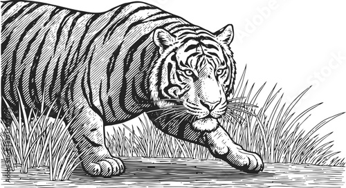Tiger stalking in tall grass detailed black and white vintage engraving illustration