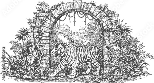 Majestic tiger walking through ancient stone arch surrounded by lush jungle foliage and tropical plants