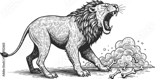 Roaring lion with mane standing near a pile of bones and dust cloud, fierce wild animal illustration