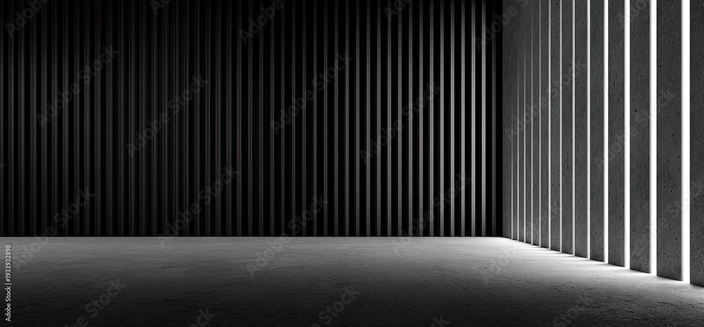 A stark, modern interior design. Dark vertical slats create shadows while bright slats allow light to flood the scene