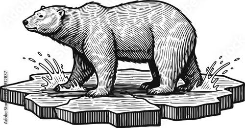 Polar bear standing on melting ice floe, arctic wildlife and climate change illustration
