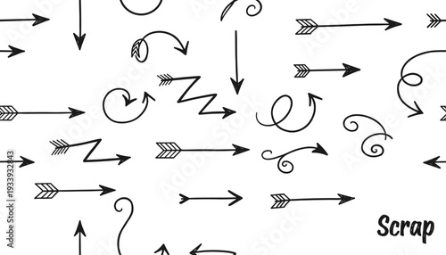 Hand drawn arrows illustration, decorative sketch elements, spiral, zigzag, curved, looped, pointing directions, scrapbooking design, bold stylized scrap text