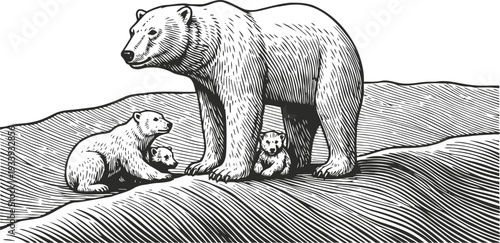 Polar bear family with cubs on snowy landscape wildlife animal group in natural habitat