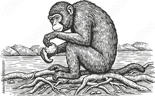 Young monkey sitting on tree roots by water eating fruit in detailed black and white illustration