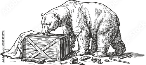 Detailed vintage engraving of a polar bear inspecting a wooden crate with scattered tools and cloth on the ground