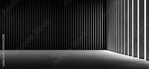 A stark, modern interior design. Dark vertical slats create shadows while bright slats allow light to flood the scene
