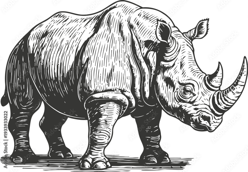 Obraz premium Detailed black and white illustration of a rhinoceros standing, wild animal with textured skin and prominent horn
