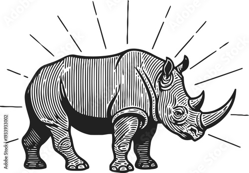 Vintage illustration of a rhinoceros with sun rays background in black and white